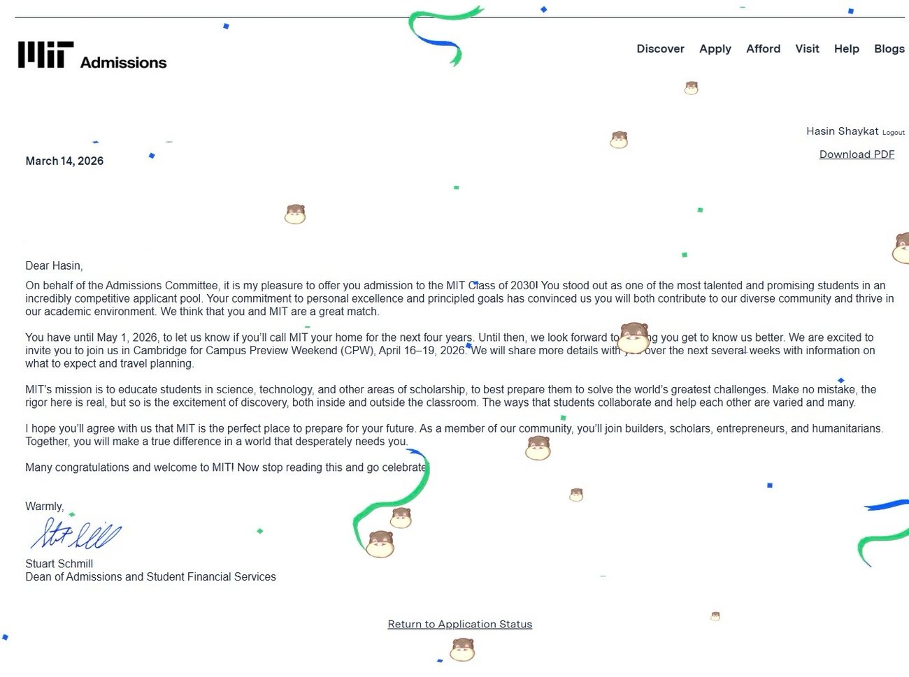 MIT admission letter screenshot