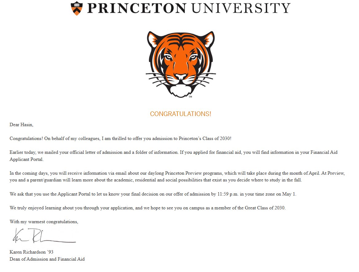 Princeton University admission letter screenshot